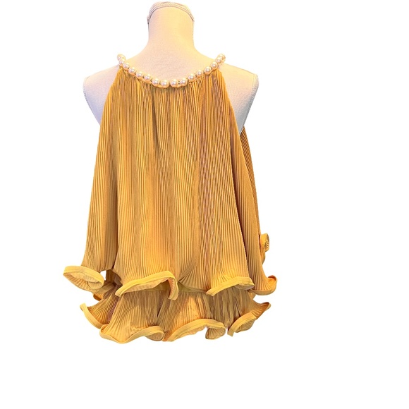 #A072. Why Dress  Mustard Pleated Blouse ,Rhinestone ,Pearl Neckline,NWT L - Picture 2 of 8
